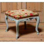 LOUIS XV STYLE BLUE PAINTED TABOURET Fitted with a needlework upholstered seat. 16 1/2 x 18 3/4 x 18