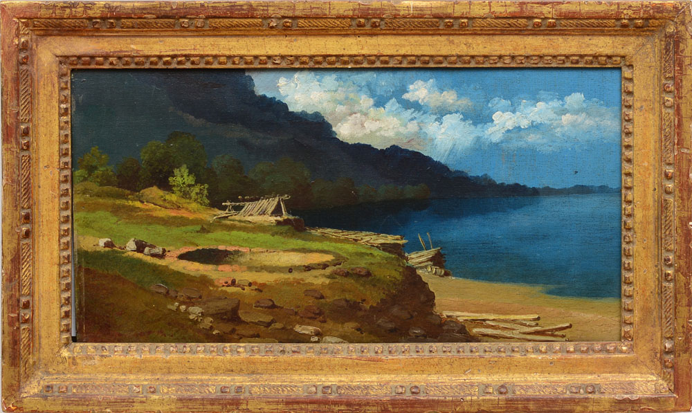 AMERICAN SCHOOL: THE PIT Oil on board, unsigned, with label from Maynard Walker, NY. 6 1/4 x 12 1/