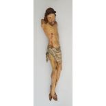 ITALIAN BAROQUE CARVED AND PAINTED WOOD CORPUS FIGURE Modeled wearing a crown of thorns and