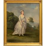 ENGLISH SCHOOL: PORTRAIT OF A LADY IN A WHITE DRESS Oil on canvas, unsigned, lined. 32 x 26 in.,