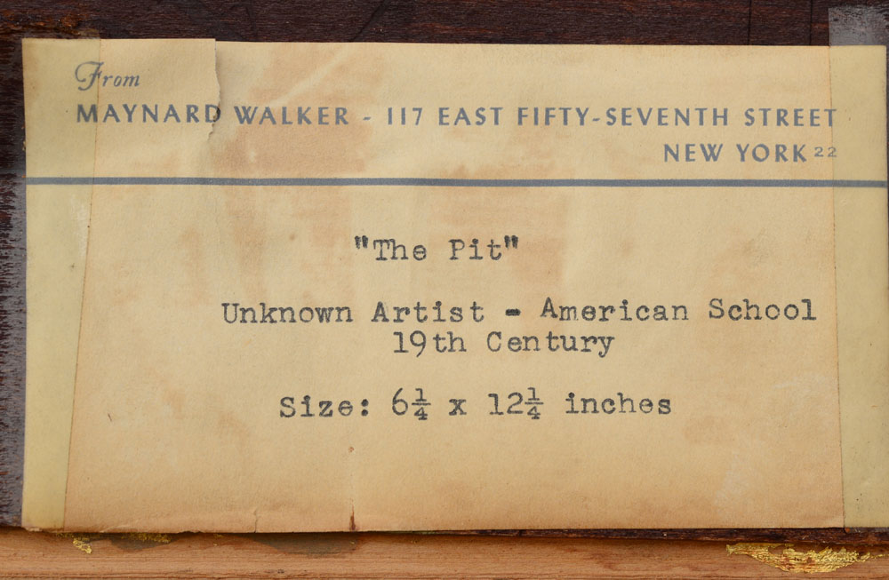 AMERICAN SCHOOL: THE PIT Oil on board, unsigned, with label from Maynard Walker, NY. 6 1/4 x 12 1/ - Image 2 of 2