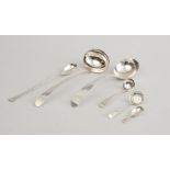 THREE SILVER LADLES, A SIFTER, SAUCE SPOON, AND A CADDY SPOON One punch ladle by Kirk,