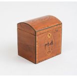 GEORGE INLAID YEWWOOD TEA CADDY The domed lid with pointed oval butterfly medallion, opening to
