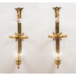 PAIR OF REGENCY STYLE BRASS WALL LIGHTS WITH GLASS SHADED AND SMOKE LIDS Each vertical back plate