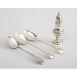 HESTER BATEMAN GEORGE III SILVER CASTER AND ASSEMBLED GROUP OF THREE INITIALED SPOONS The caster