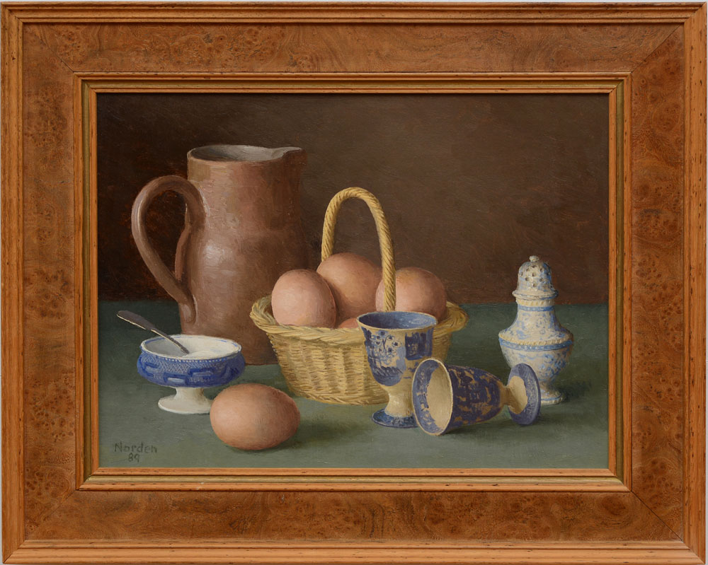 GERALD NORDEN (1912-2000): EGGS AND A JUG; TWO LAMPS AND A CANDLE; AND COB NUTS Three oil on