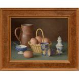 GERALD NORDEN (1912-2000): EGGS AND A JUG; TWO LAMPS AND A CANDLE; AND COB NUTS Three oil on