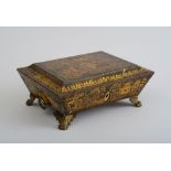 REGENCY BRASS-MOUNTED CHINOISERIE-DECORATED BLACK LACQUER WORK BOX The flattened dome top with