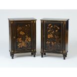 PAIR OF REGENCY BLACK JAPANNED AND PARCEL-GILT SIDE CABINETS Each with an overhanging faux marble