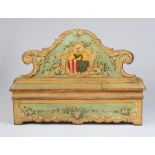 ITALIAN BAROQUE PAINTED HALL BENCH The arched top crest continuing to scrolling sides, centrally