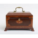 GEORGE III INLAID MAHOGANY TEA CADDY The top with oval and quarter-round fan inlay centering drop