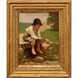 WILLIAM MORGEN (1826-1900): LITTLE BOY FISHING (BAREFOOT) Oil on canvasboard, signed 'W. Morgan'