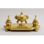 LOUIS XVI STYLE BRASS LARGE ENCRIER The surface with two pen troughs centering an urn with hinged