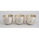 SET OF SIX ENGLISH SILVER ENGRAVED CUPS Maker's mark RC within a shield, London, 1957. 2 1/4 x 2 3/4