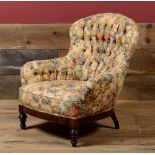 VICTORIAN STYLE MAHOGANY TUFTED UPHOLSTERED ARMCHAIR 36 1/2 x 32 x 31 in.