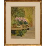 20TH CENTURY SCHOOL: FLOWERS BY THE STEPS Pastel on paperboard, unsigned. 14 1/2 x 10 1/2 in. (