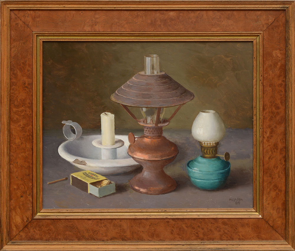 GERALD NORDEN (1912-2000): EGGS AND A JUG; TWO LAMPS AND A CANDLE; AND COB NUTS Three oil on - Image 2 of 10