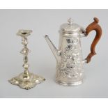 ENGLISH SILVER SMALL COFFEE POT AND A SILVER-PLATED MINIATURE CANDLESTICK The pot with sterling lion