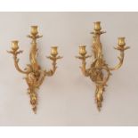 PAIR OF LOUIS XV STYLE GILT-BRONZE THREE-LIGHT WALL SCONCES