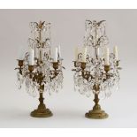 PAIR OF LOUIS XV STYLE CUT-GLASS-MOUNTED GILT-METAL FIVE-LIGHT CANDELABRA, MOUNTED AS LAMPS