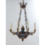 EMPIRE STYLE PATINATED AND GILT-METAL EIGHT-LIGHT CHANDELIER