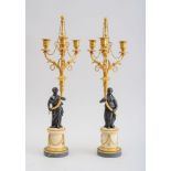 PAIR OF LOUIS XVI STYLE GILT AND PATINATED BRONZE-MOUNTED MARBLE THREE-LIGHT CANDELABRA