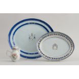 CHINESE EXPORT PORCELAIN ARMORIAL CREAMER AND COVER AND TWO CHINESE EXPORT PORCELAIN PLATTERS