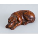 CONTINENTAL BRASS-MOUNTED CARVED WOOD SLEEPING HOUND-FORM SNUFF BOX