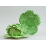 DODIE THAYER GREEN-GLAZED POTTERY CABBAGE-FORM TUREEN AND COVER AND TWO GRADUATED STANDS