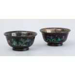 PAIR OF CHINESE ABALONE SHELL-INLAID BLACK LACQUER FOOTED BOWLS