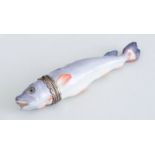 CONTINENTAL SILVER-MOUNTED PORCELAIN FISH-FORM ETUI CASE