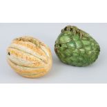 ITALIAN MAJOLICA ARTICHOKE-FORM TUREEN AND COVER AND ANOTHER MELON-FORM TUREEN AND COVER