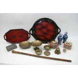 A box of oriental items including a pair of Chines