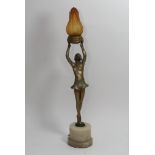 A Spelter Lamp in the form of an Art Deco Maiden h