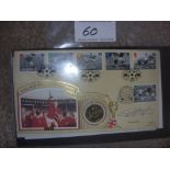 1966 World Cup Signed First Day Cover: Nice 1996 FDC with coin and stamps of Football legends and