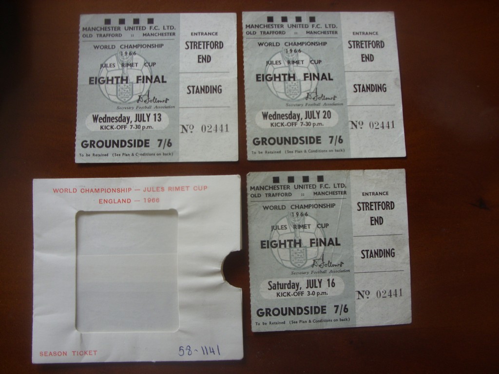 1966 Old Trafford World Cup Football Tickets: All 3 matches played at Manchester United dated 13th