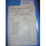 1963 West Ham Practice Match Football Programme: Single sheet public practice match dated 19/8/