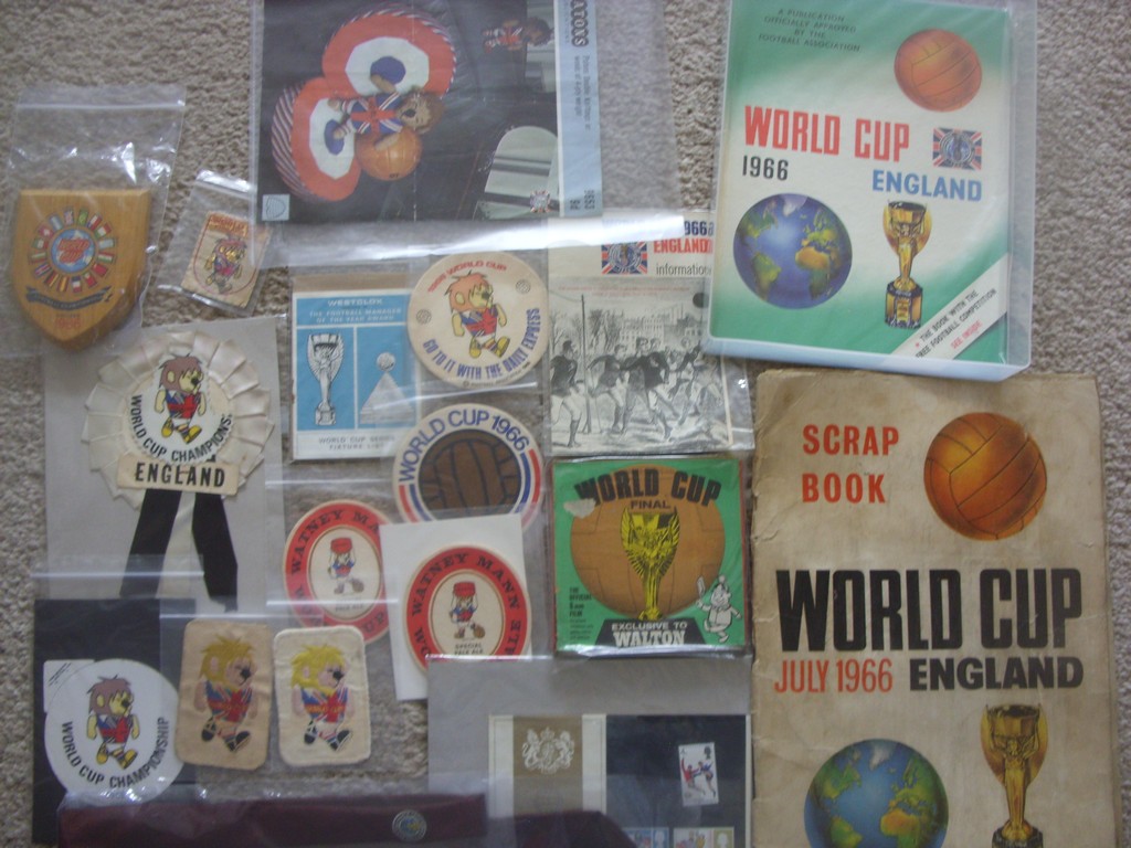 1966 Superb World Cup Willie Football Collection: Includes scrap book, rosette, west clocks
