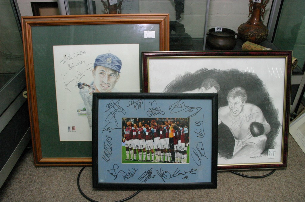 Three signed sporting pictures comprising a West Ham team photo, Nasser Hussain and Billy Walker (