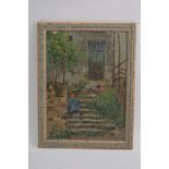 An oil painting of a child seated on some steps leading to a house by G M Rosenberg.