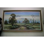 A large oil on canvas landscape painting attributed to Wendy Reeves, signed. Approximately 60x111cm