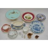 A collection of ceramic items including comports, delftware plate etc.