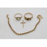 Two 9ct gold stone set rings, a bracelet and cruci