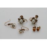 Three pairs of gold earrings, one set 10ct