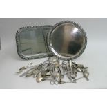 A box containing continental white metal flatware, silver plated trays and WMF teaspoons