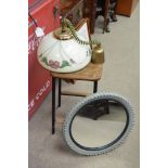 A 1950's elm and metal stool, vintage lamp and a retro wheel mirror.