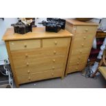 Two modern light oak chest of drawers, one of narrow size