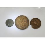 A 1940 Chinese or Japanese medallion, a 1746 Duke of Cumberland coin, a/f and an 1875 penny