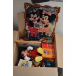 A box containing Mickey and Minnie mouse toys incl