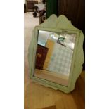 Vintage painted pale green wall mounted mirror. Shaped detail to frame. Measures approx: 53cm